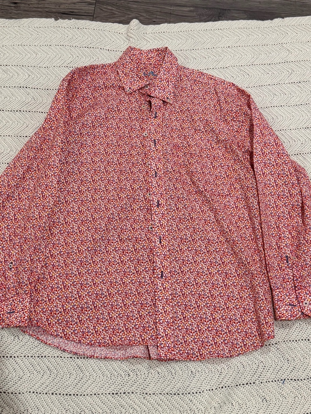 Alan Flusser Men's Linen Cotton Button-Down Shirt Red Print Size Medium
